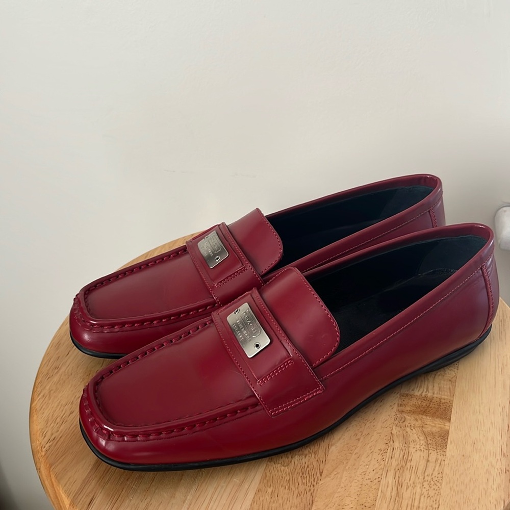 Coach Wine Red Leather Penny Loafers with Silver Plaque